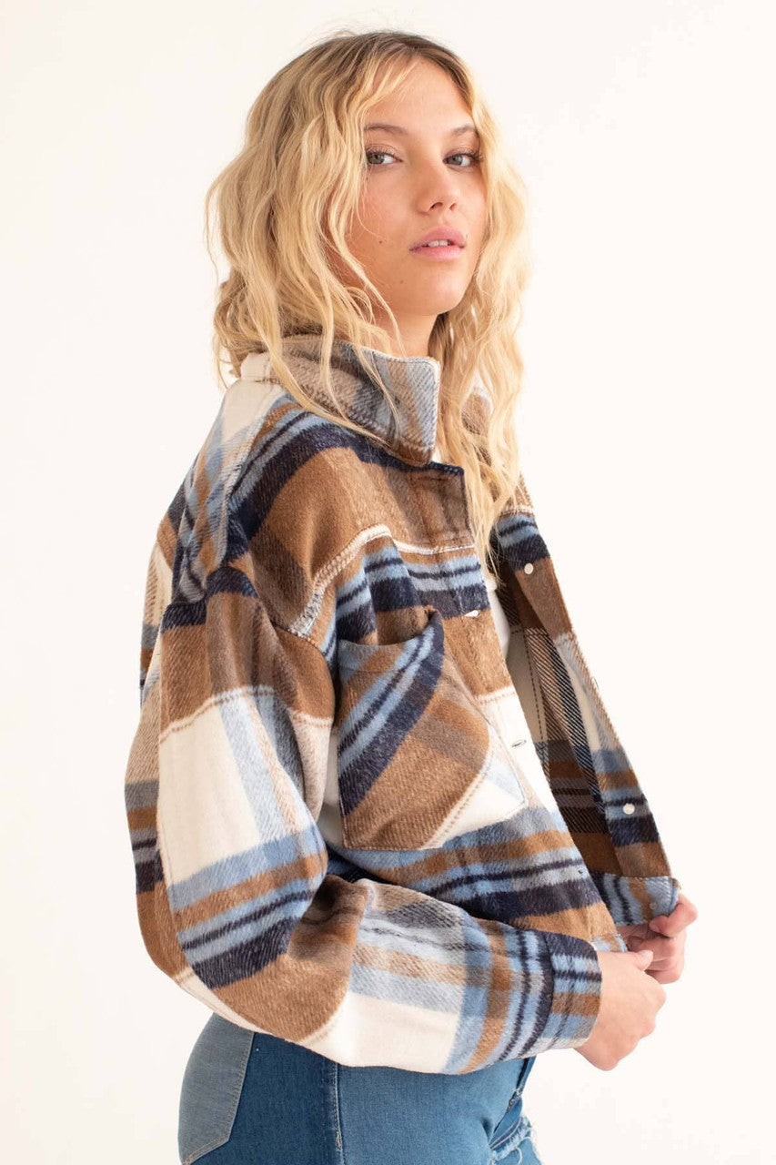 Brown & Blue Plaid Trucker Cropped Shacket