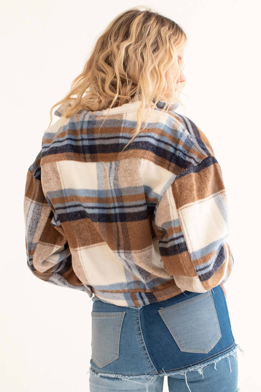 Brown & Blue Plaid Trucker Cropped Shacket