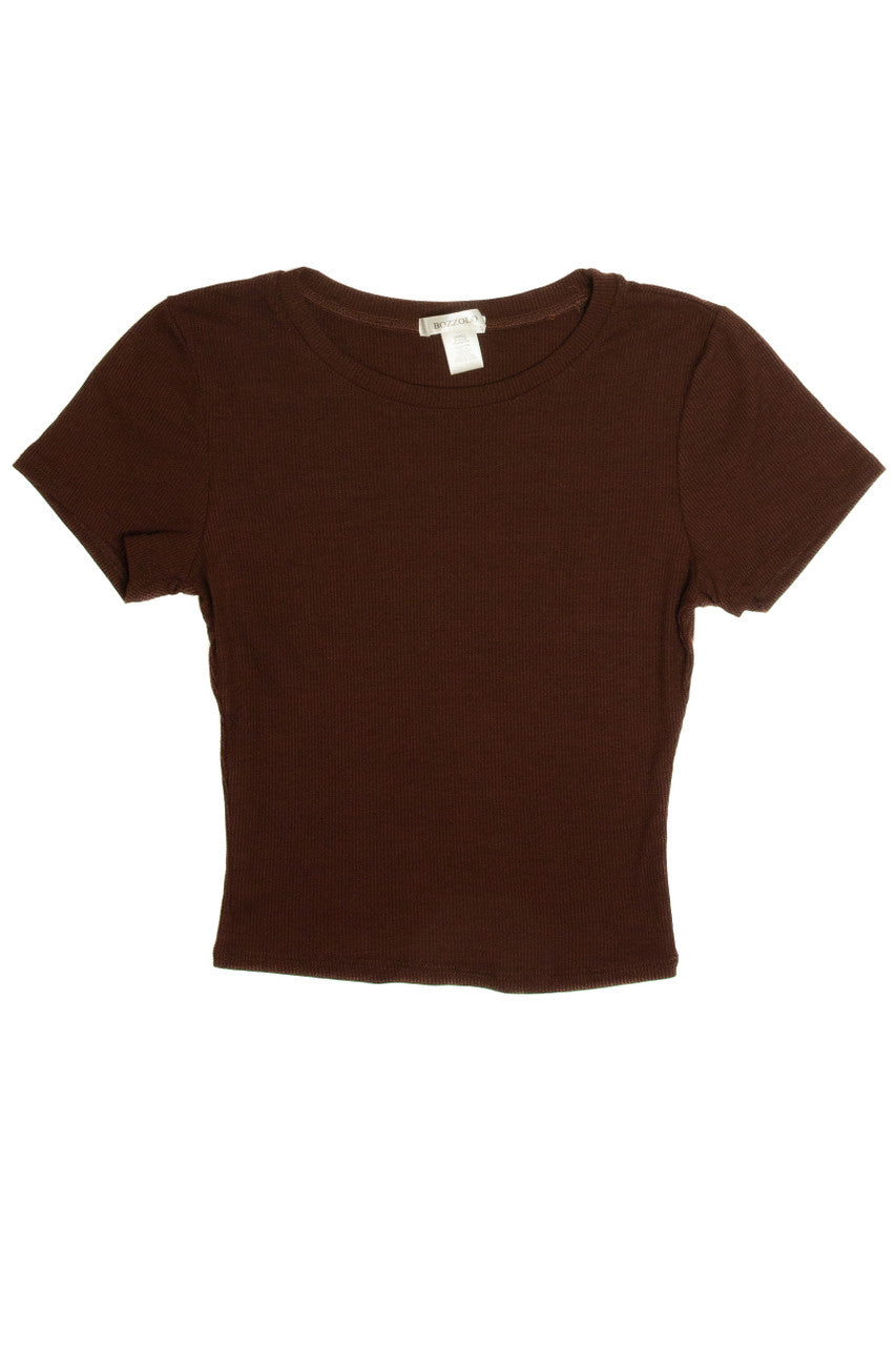 Brown Basic Ribbed Crop Tee