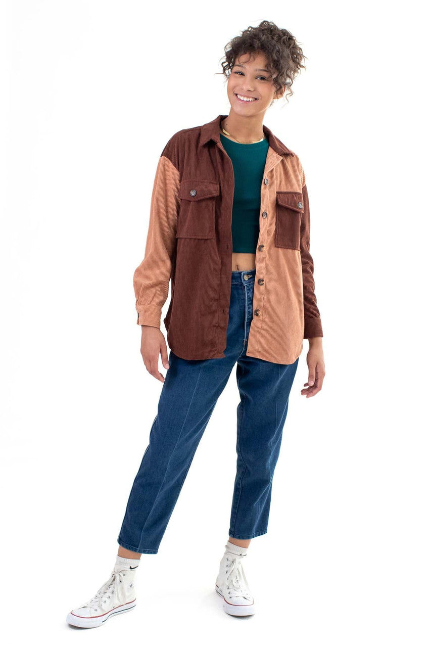 Brown Color Block Corduroy Shirt 1