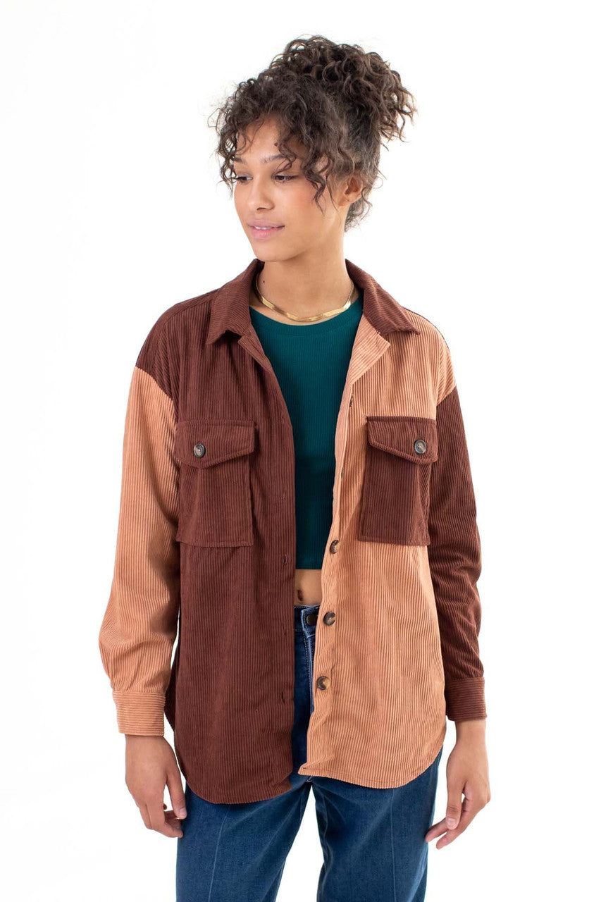 Brown Color Block Corduroy Shirt 1