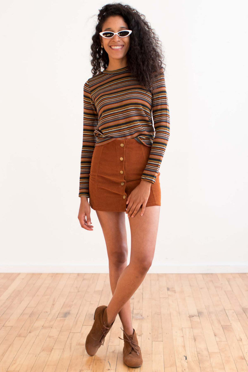 Brown Corduroy Snap Front Miniskirt