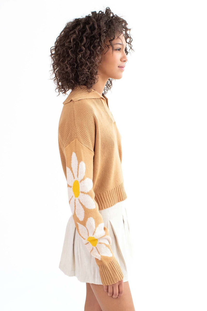 Brown Daisy Sleeve Johnny Sweater