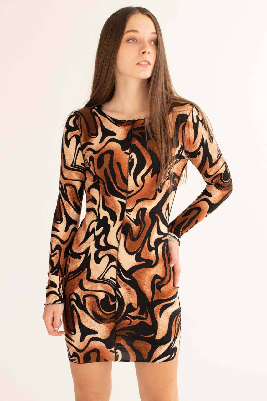 Brown Marble Seamed Mini Dress