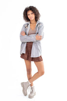 Brown Notched Neck Long Sleeve Top