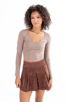 Brown Notched Neck Long Sleeve Top