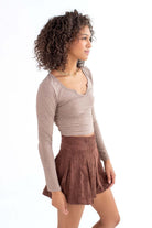Brown Notched Neck Long Sleeve Top