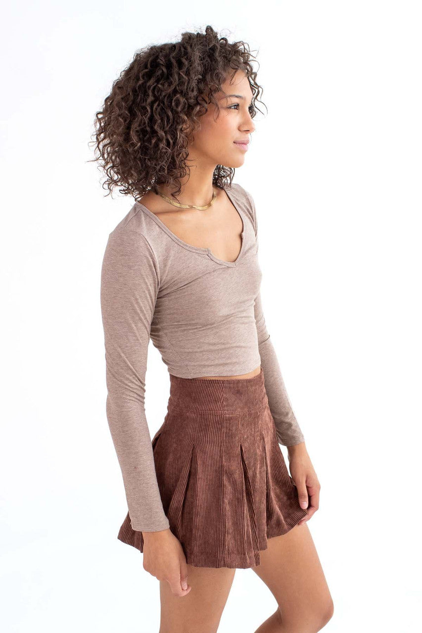 Brown Notched Neck Long Sleeve Top