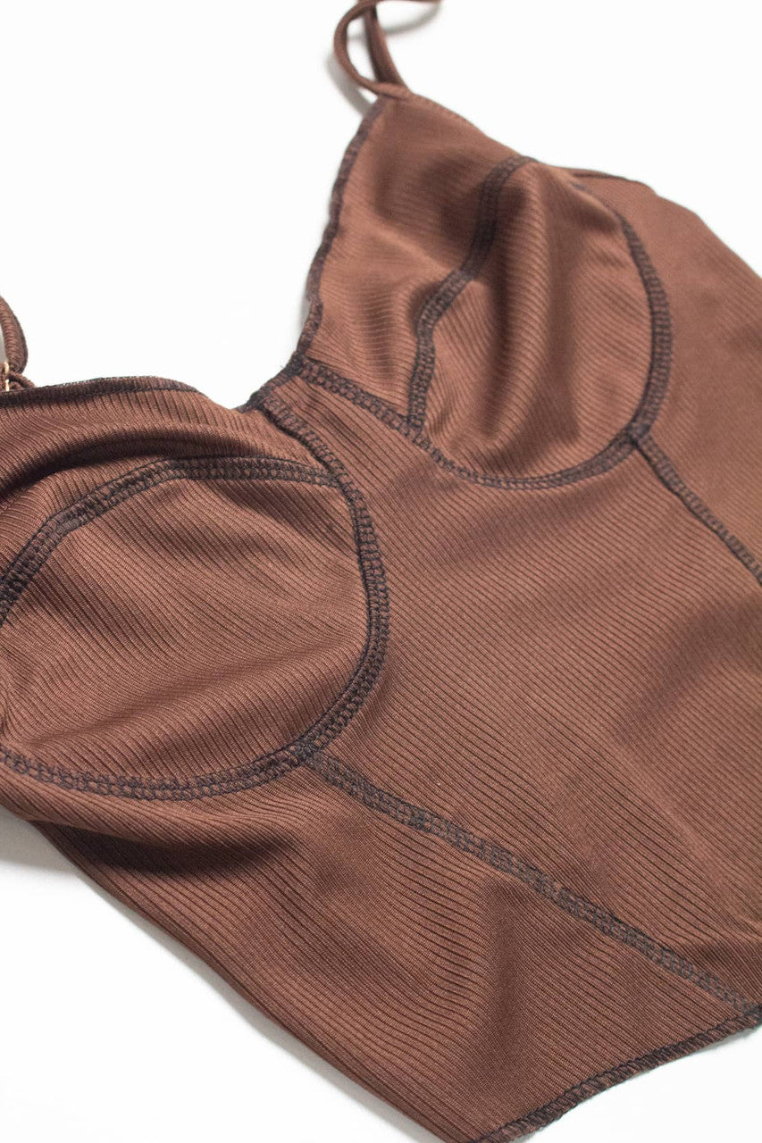 Brown Ribbed Contrast Seam Bustier Cami