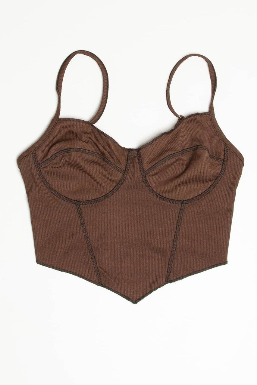 Brown Ribbed Contrast Seam Bustier Cami