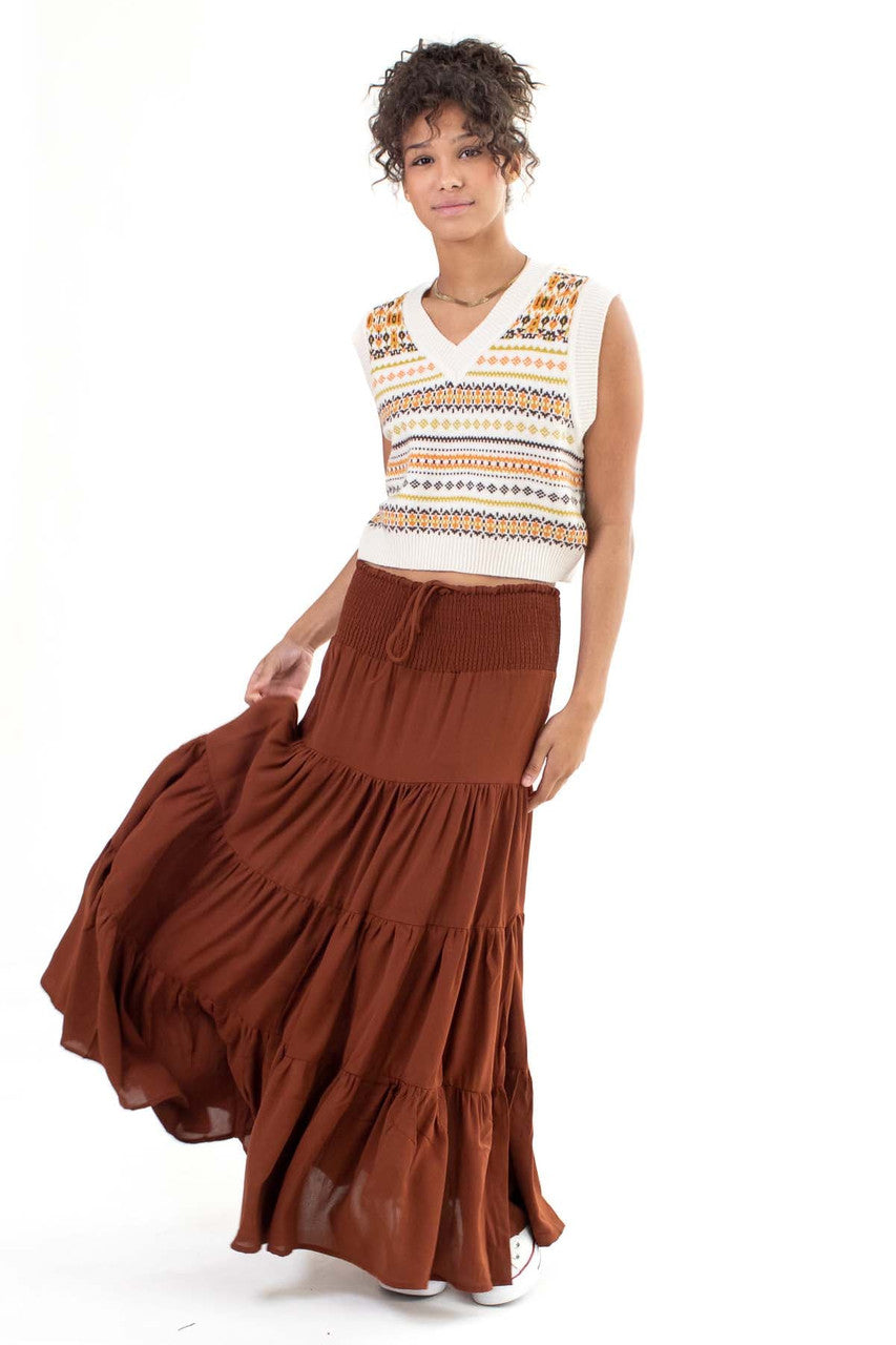 Brown Smocked Waist Maxi Skirt