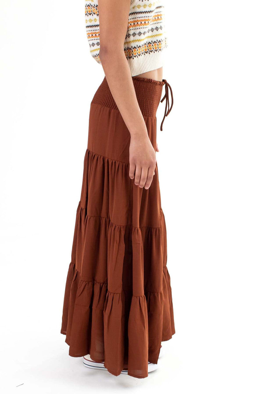 Brown Smocked Waist Maxi Skirt