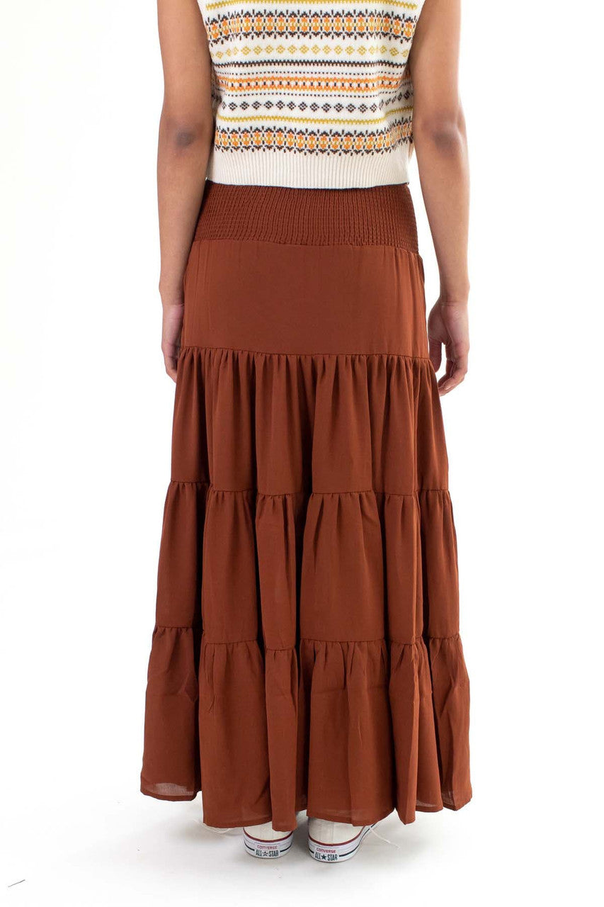 Brown Smocked Waist Maxi Skirt