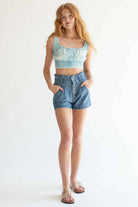 Button Front Seamed Paper Bag Denim Shorts