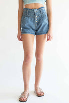 Button Front Seamed Paper Bag Denim Shorts