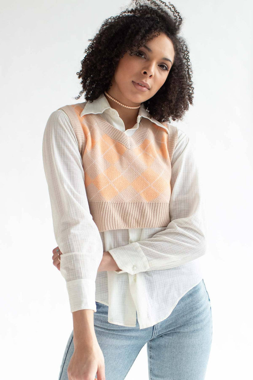 Cantaloupe Argyle Shrunken Sweater Vest