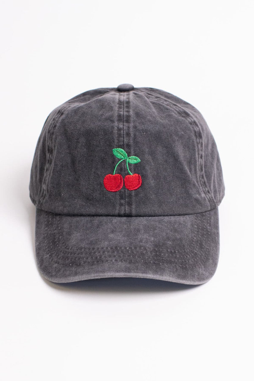 Cherry Embroidered Washed Dad Hat