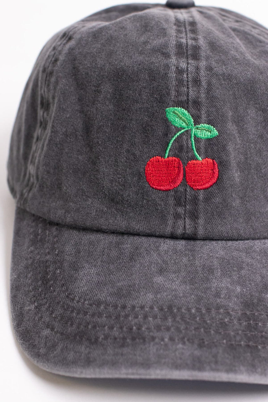 Cherry Embroidered Washed Dad Hat