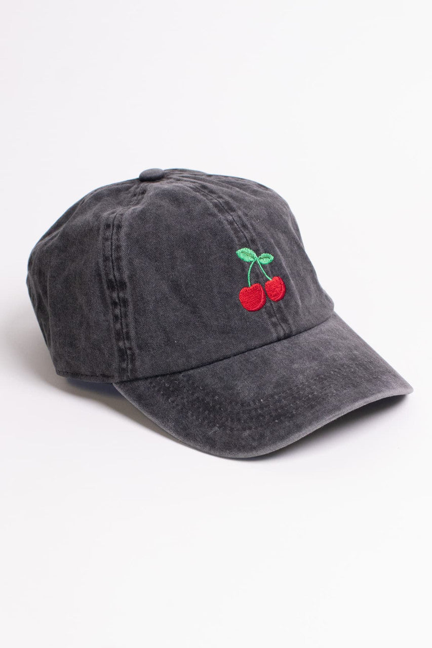 Cherry Embroidered Washed Dad Hat