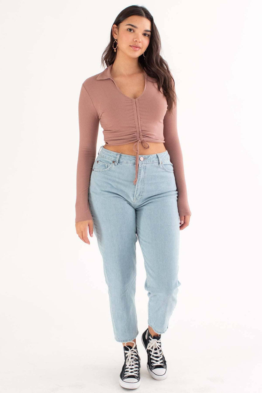 Chocolate Ruched Ribbed Long Sleeve Crop Polo