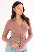 Chocolate Ruched Ribbed Long Sleeve Crop Polo