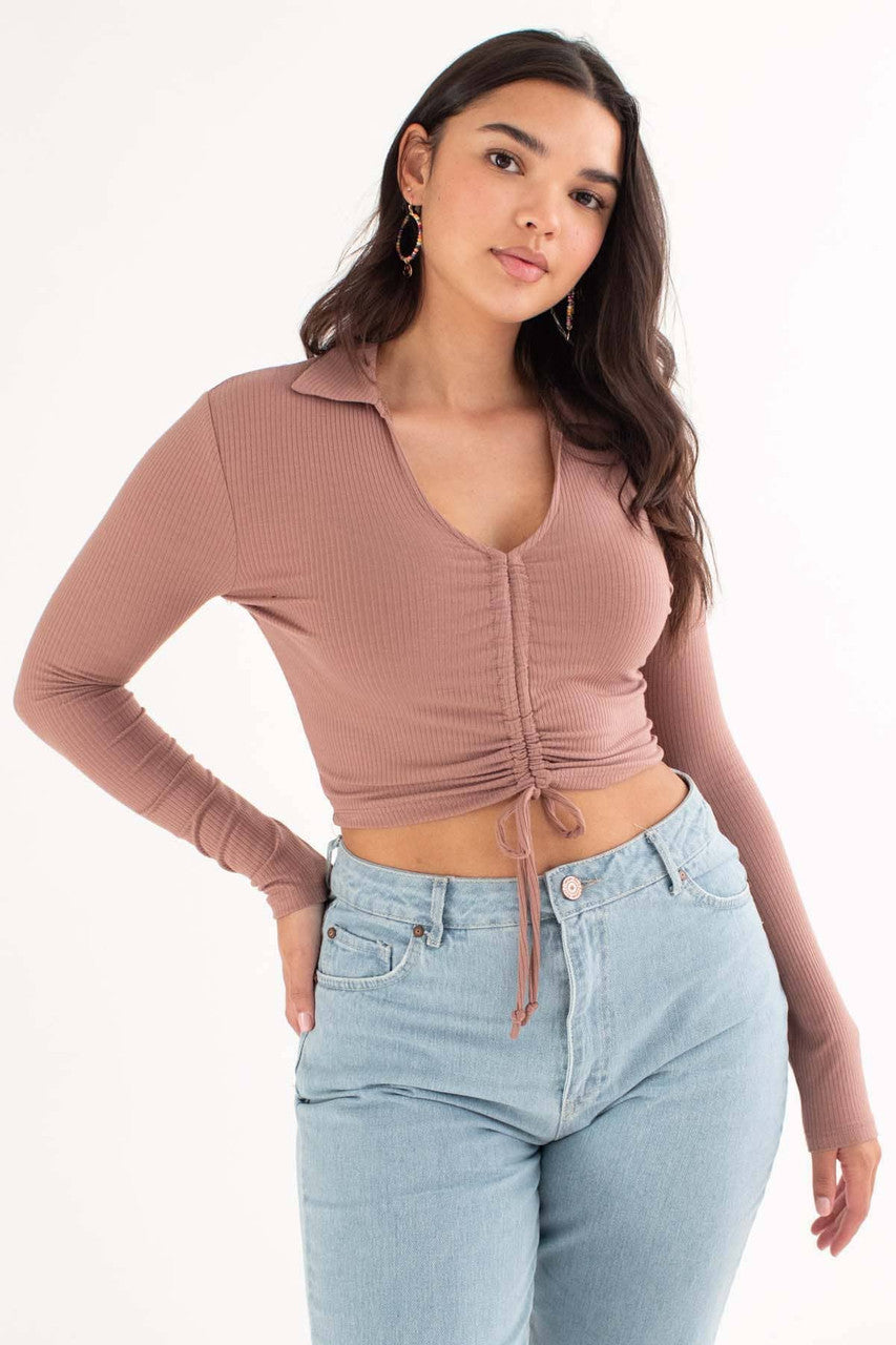 Chocolate Ruched Ribbed Long Sleeve Crop Polo
