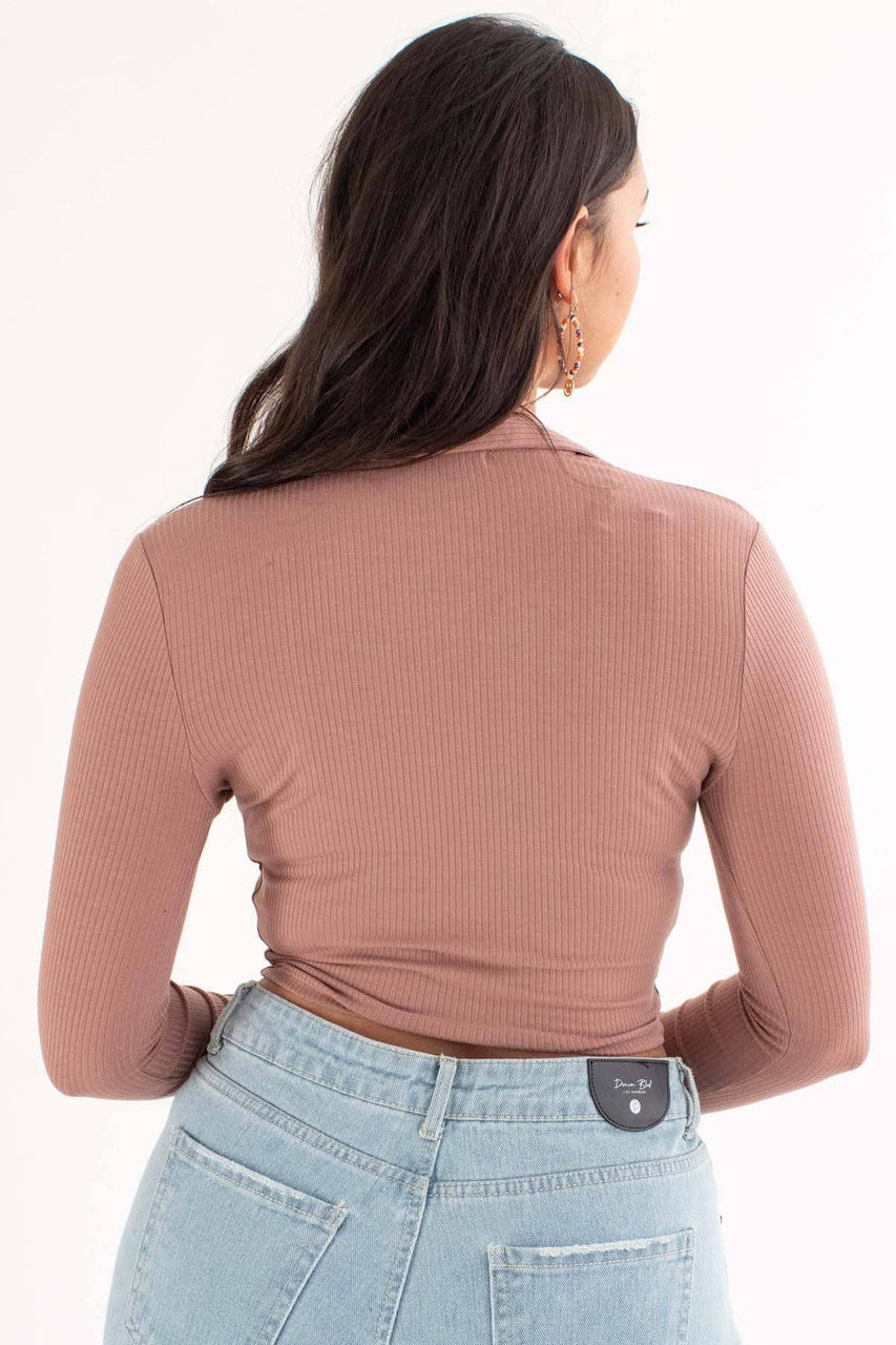 Chocolate Ruched Ribbed Long Sleeve Crop Polo