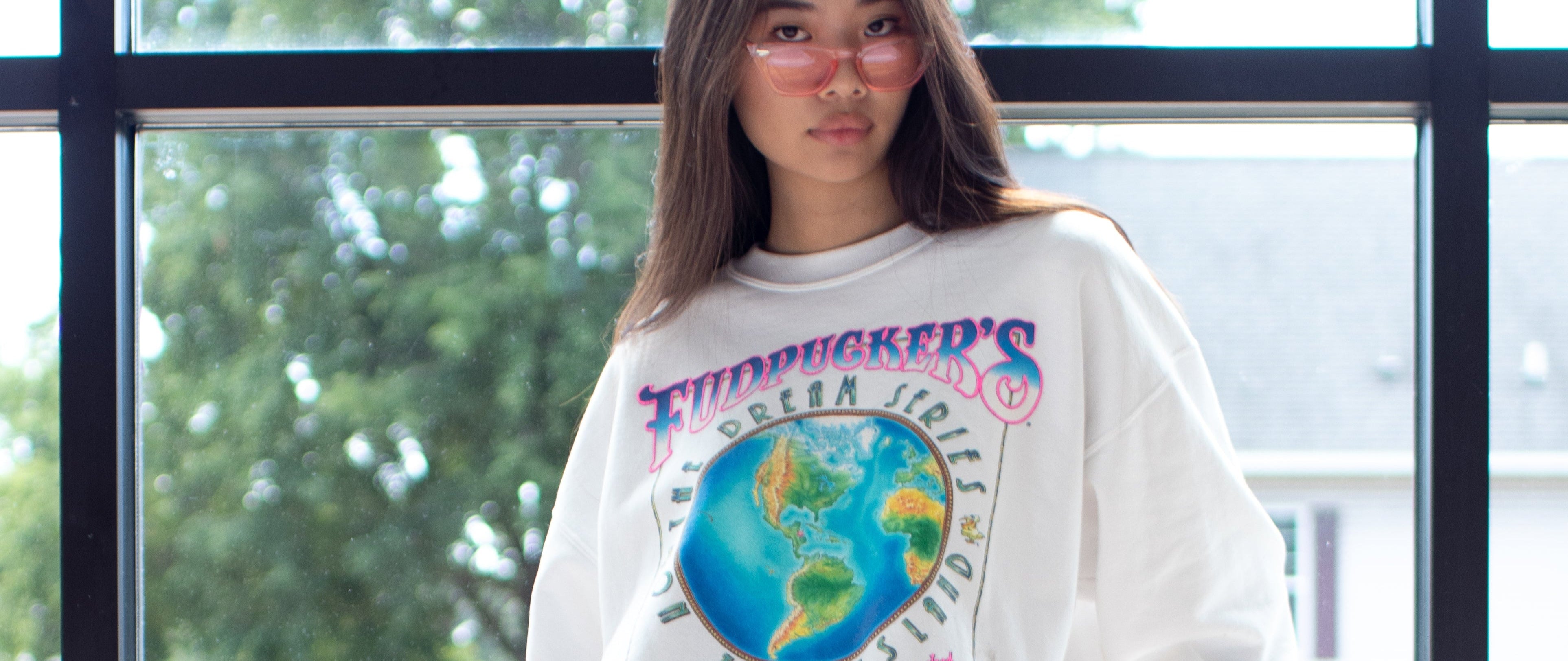 model wearing vintage sweatshirt