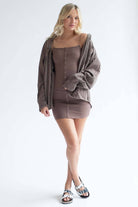 Cocoa Snap Front Ribbed Mini Dress