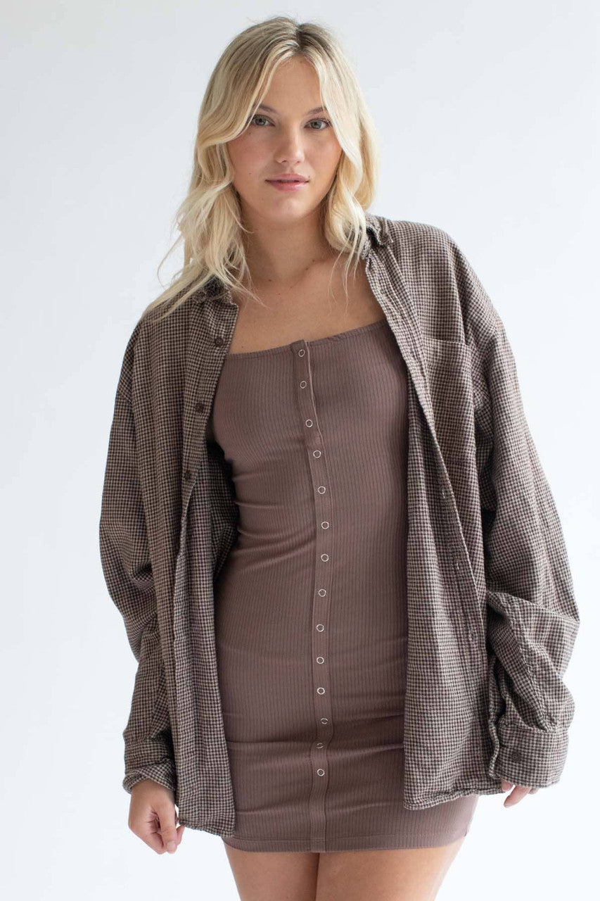Cocoa Snap Front Ribbed Mini Dress