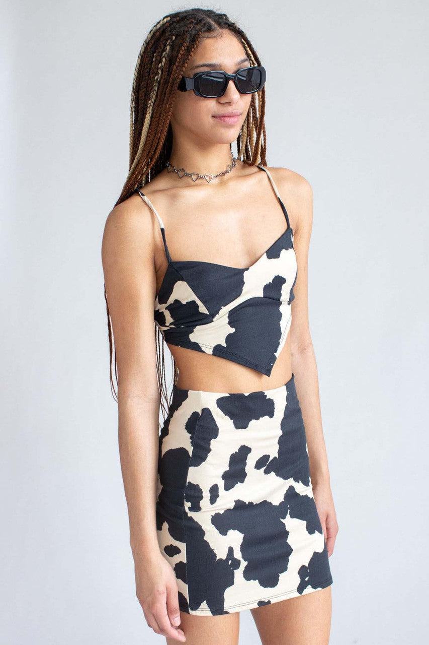 Stone Black Cow Print Top & Skirt Set