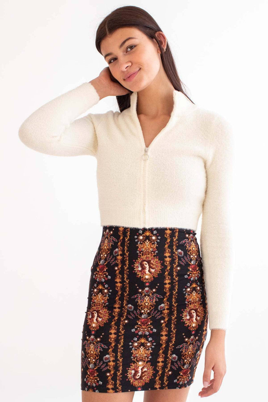 Cream Circle Zip Eyelash Cropped Cardigan