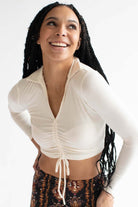 Cream Ruched Ribbed Long Sleeve Crop Polo