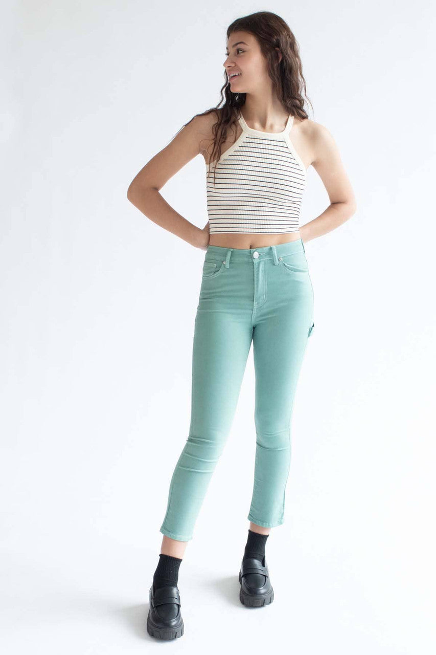 Cream Striped Ribbed Seamless High Neck Top