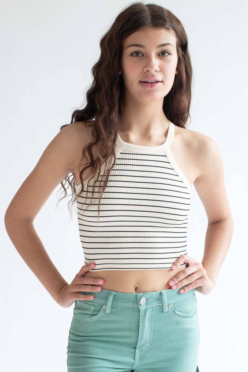 Cream Striped Ribbed Seamless High Neck Top
