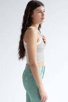 Cream Striped Ribbed Seamless High Neck Top