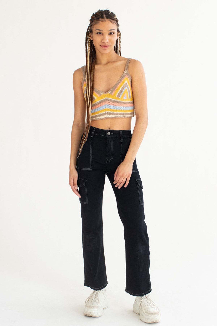 Mustard Striped Crochet Crop Tank