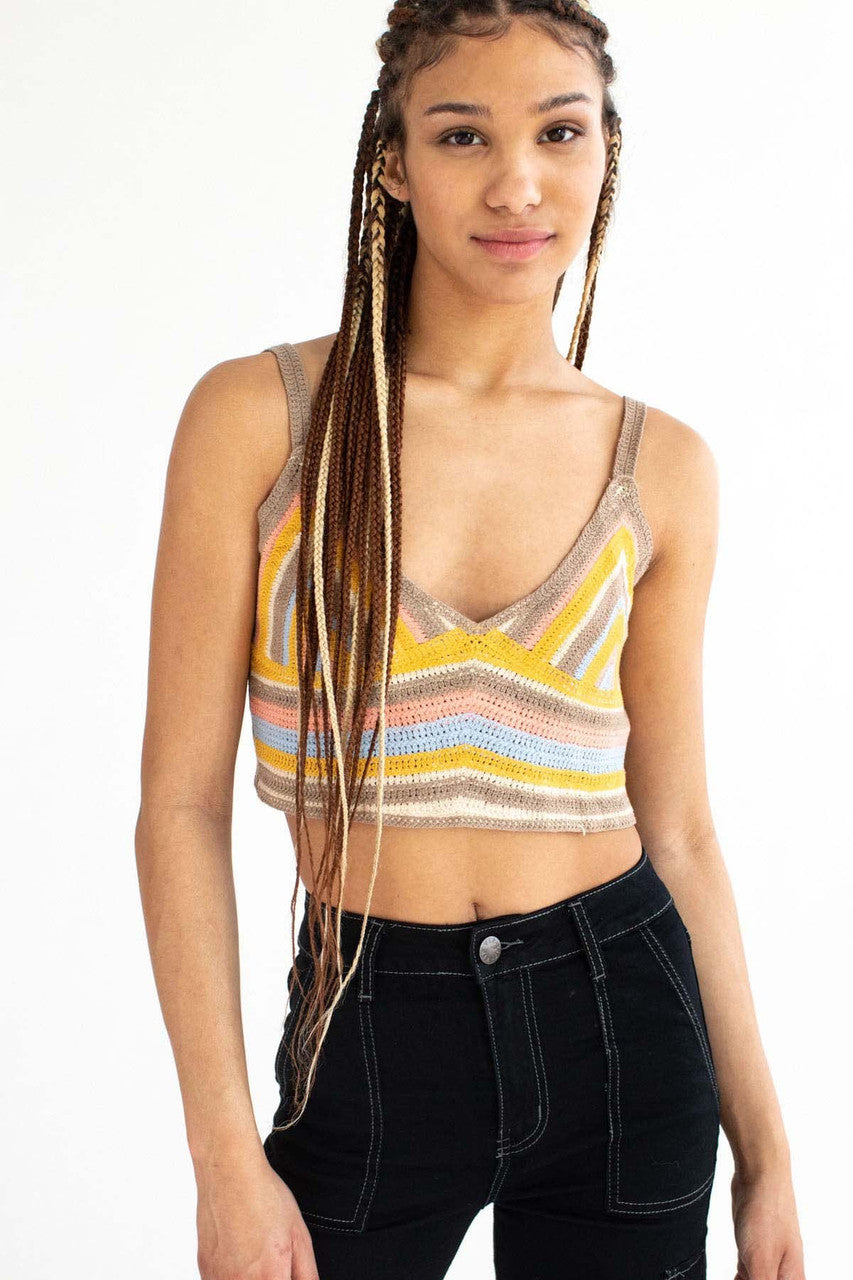Mustard Striped Crochet Crop Tank