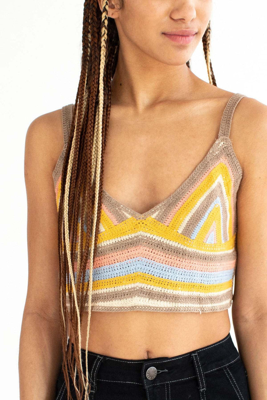 Mustard Striped Crochet Crop Tank