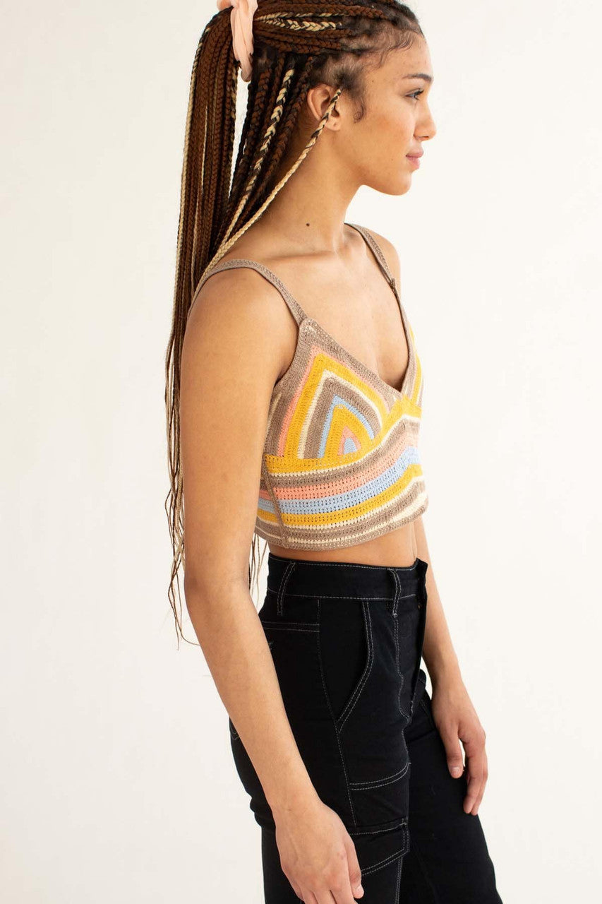 Mustard Striped Crochet Crop Tank