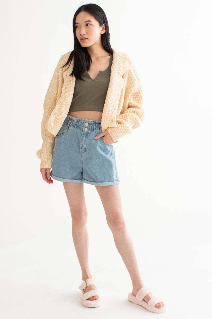 Cuffed Paper Bag Waist Denim Shorts