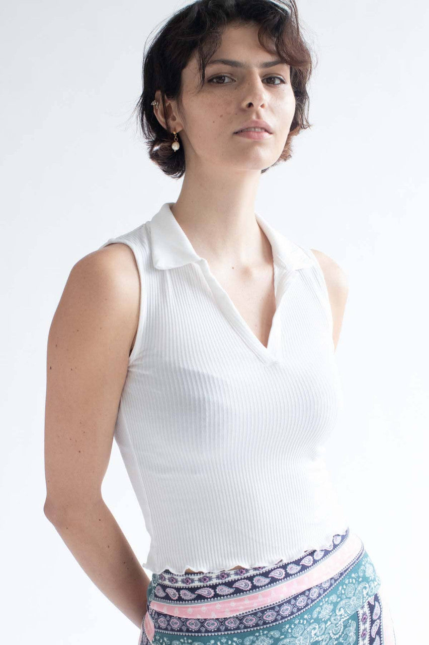 White Ribbed Sleeveless Polo 1