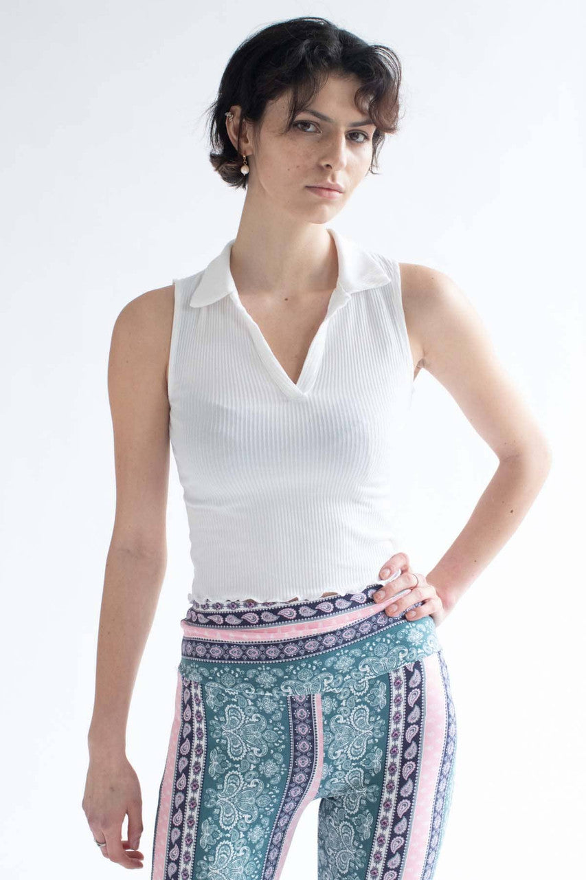 White Ribbed Sleeveless Polo 1