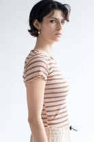 Daisy Embroidered Mocha Striped Tee