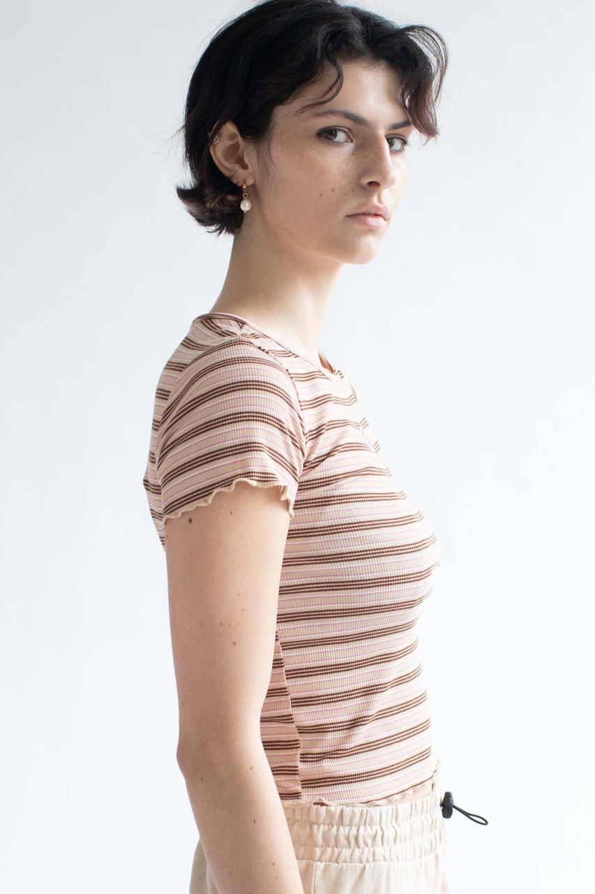 Daisy Embroidered Mocha Striped Tee