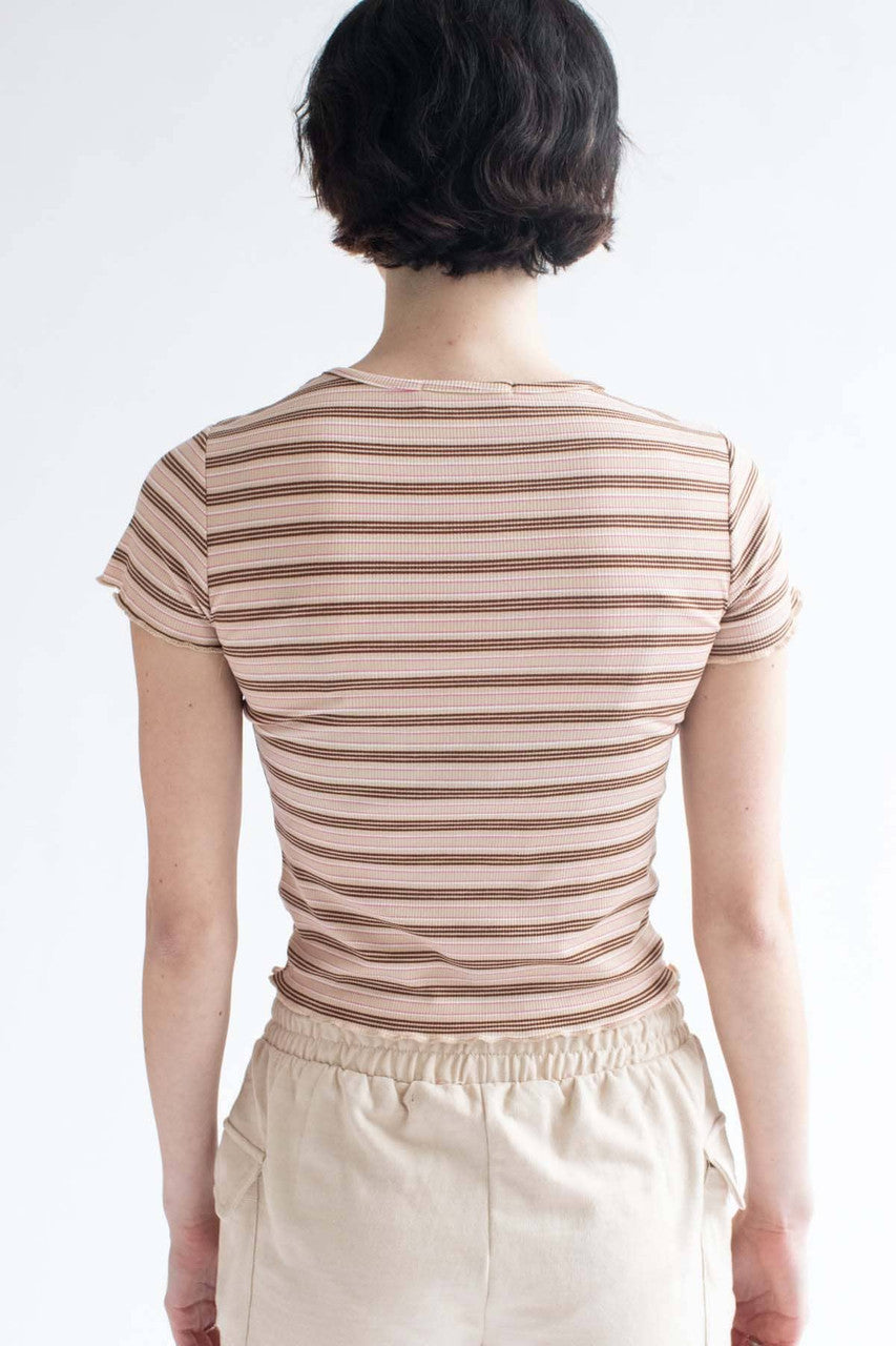Daisy Embroidered Mocha Striped Tee