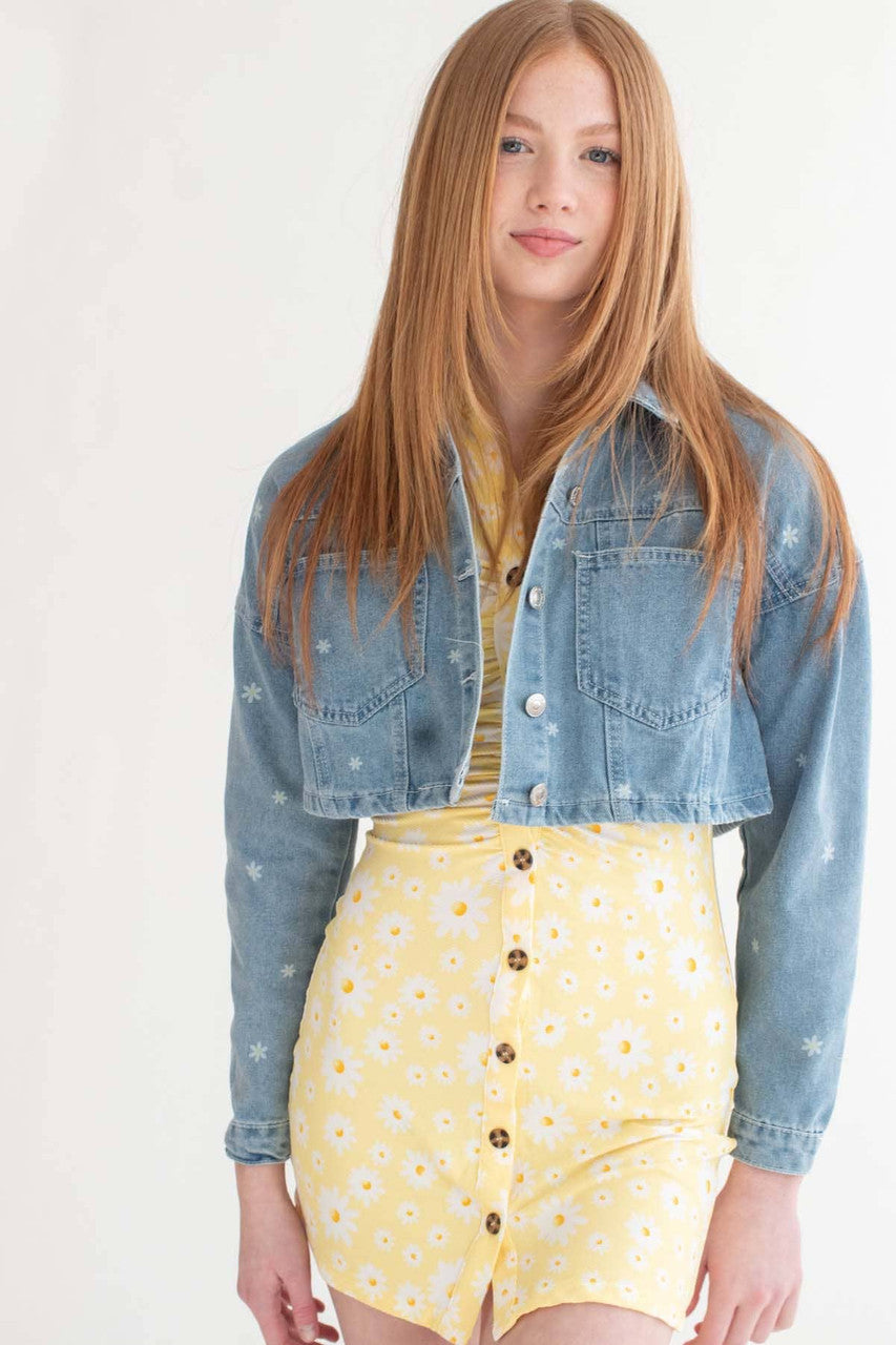 Daisy Print Cropped Denim Jacket