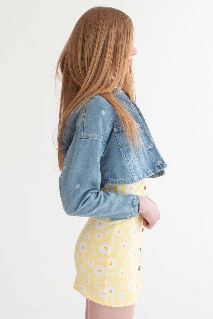 Daisy Print Cropped Denim Jacket