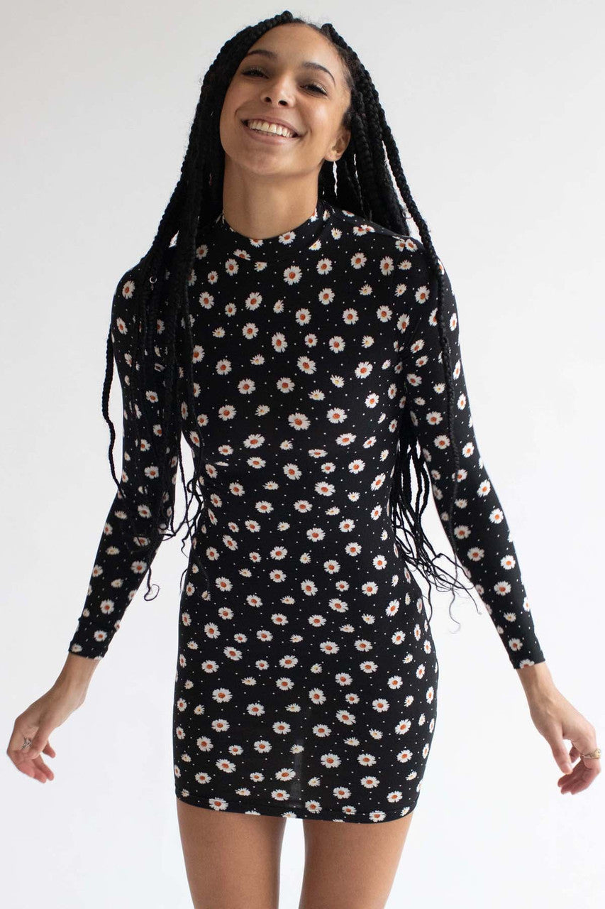 Daisy Print Mock Neck Long Sleeve Dress