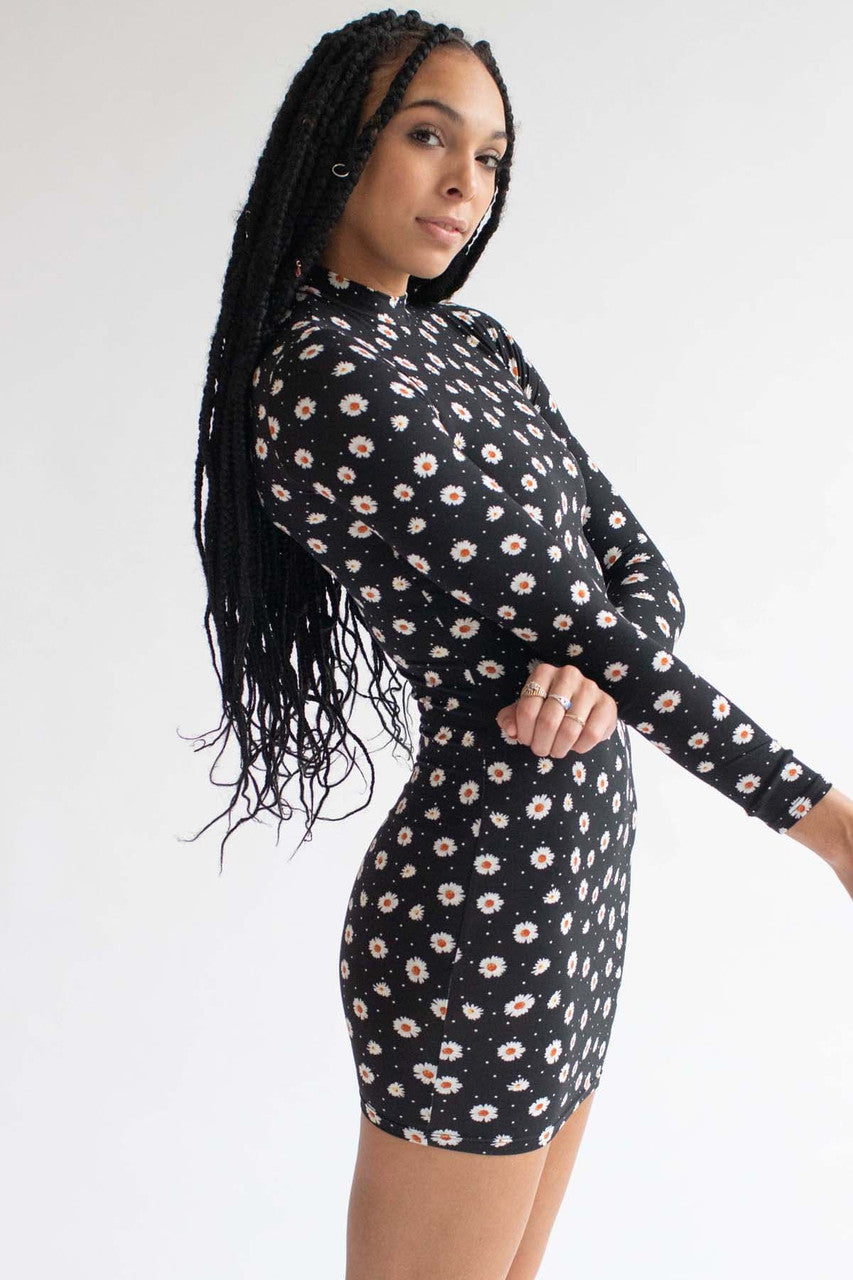Daisy Print Mock Neck Long Sleeve Dress